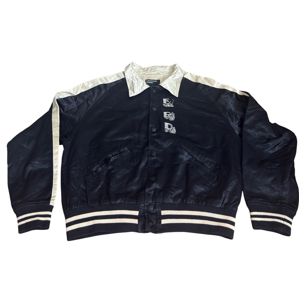 ERD Satin Varsity Bomber Jacket Black Cream Embroidered